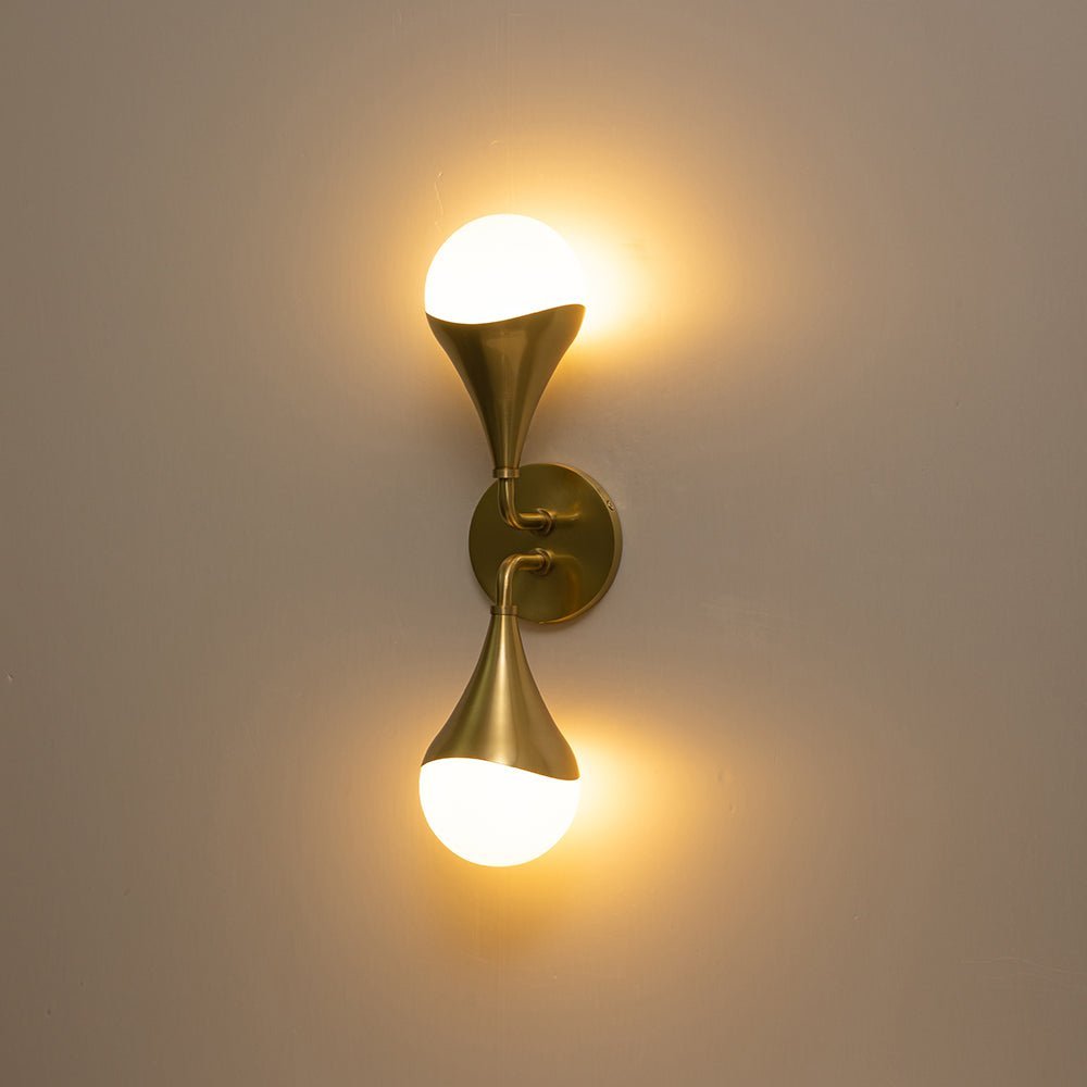 2-Light Aged Brass Teardrop Frosted Glass Wall Sconce