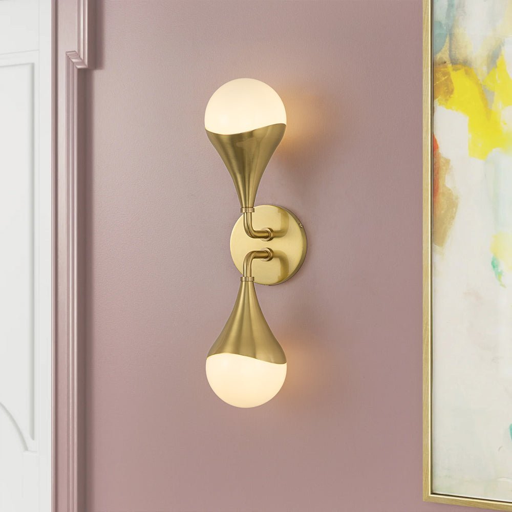 2-Light Aged Brass Teardrop Frosted Glass Wall Sconce