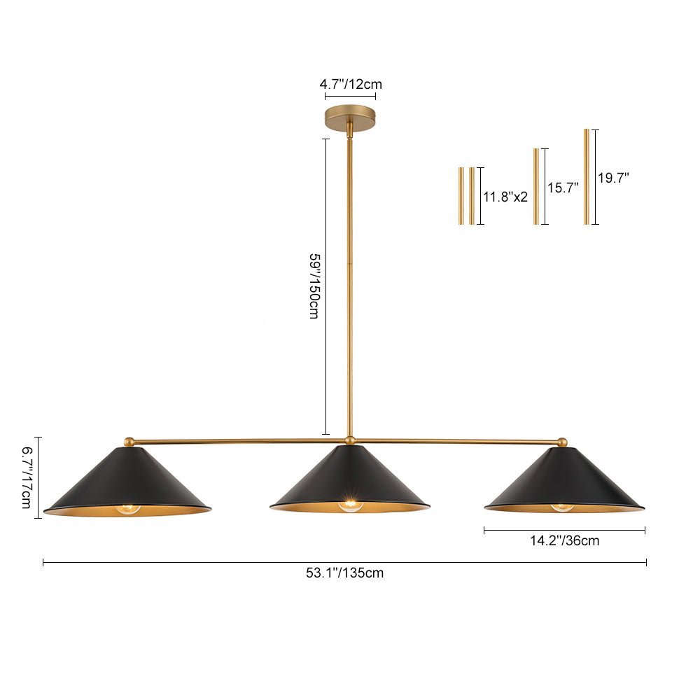 3-Light Black Cone Shade Kitchen Island Pendant