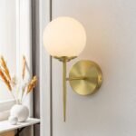 Mid-Century 1-Light Brass Frosted Glass Globe Wall Sconce