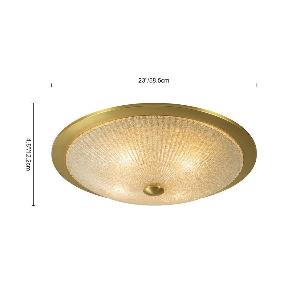 Mid-Century Brass Ribbed Textured Glass Flush Mount