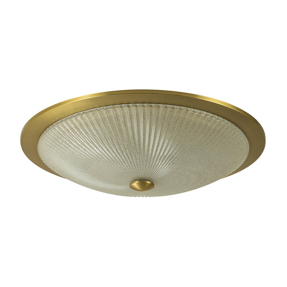 Mid-Century Brass Ribbed Textured Glass Flush Mount