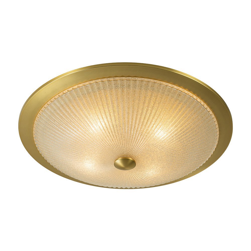 Mid-Century Brass Ribbed Textured Glass Flush Mount