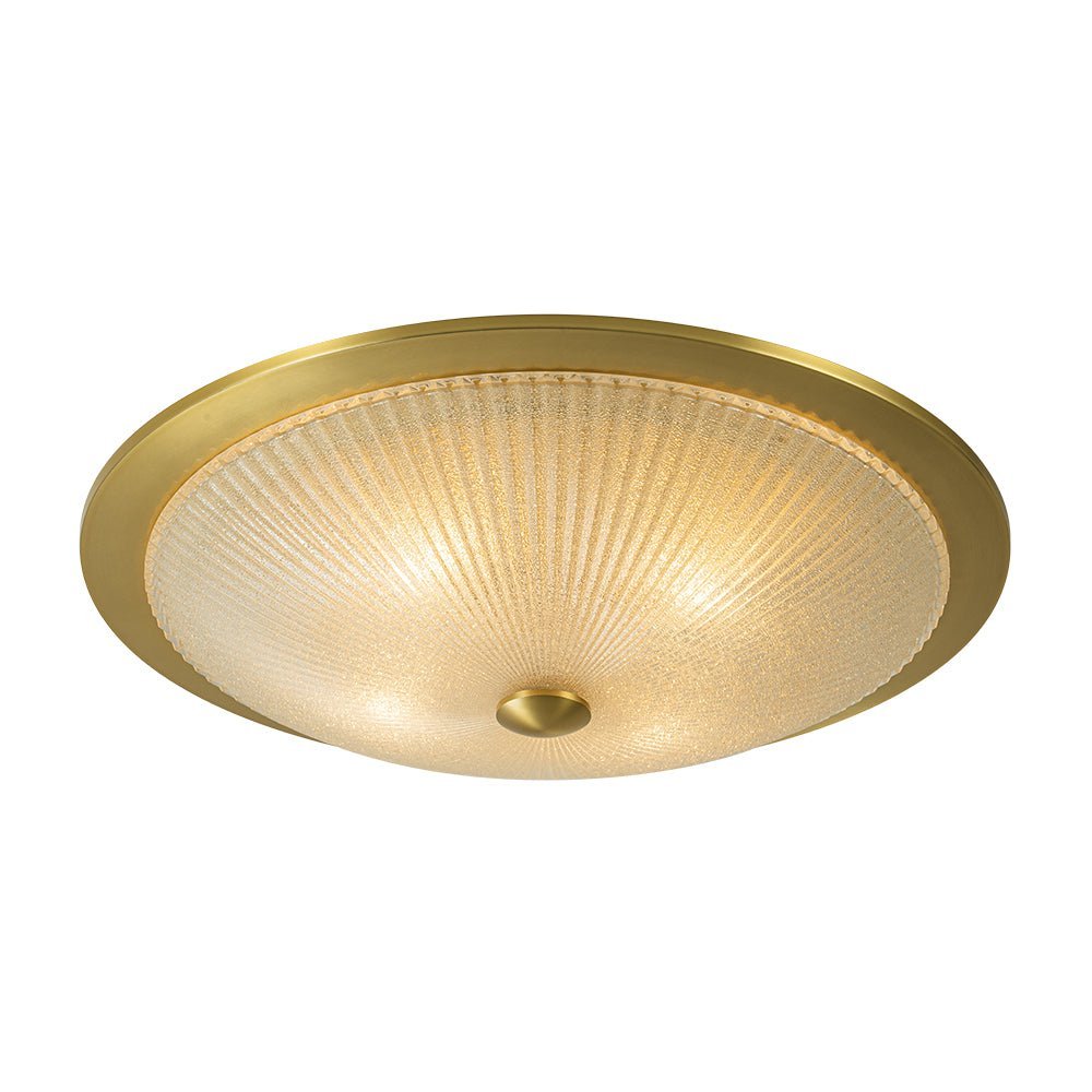 Mid-Century Brass Ribbed Textured Glass Flush Mount