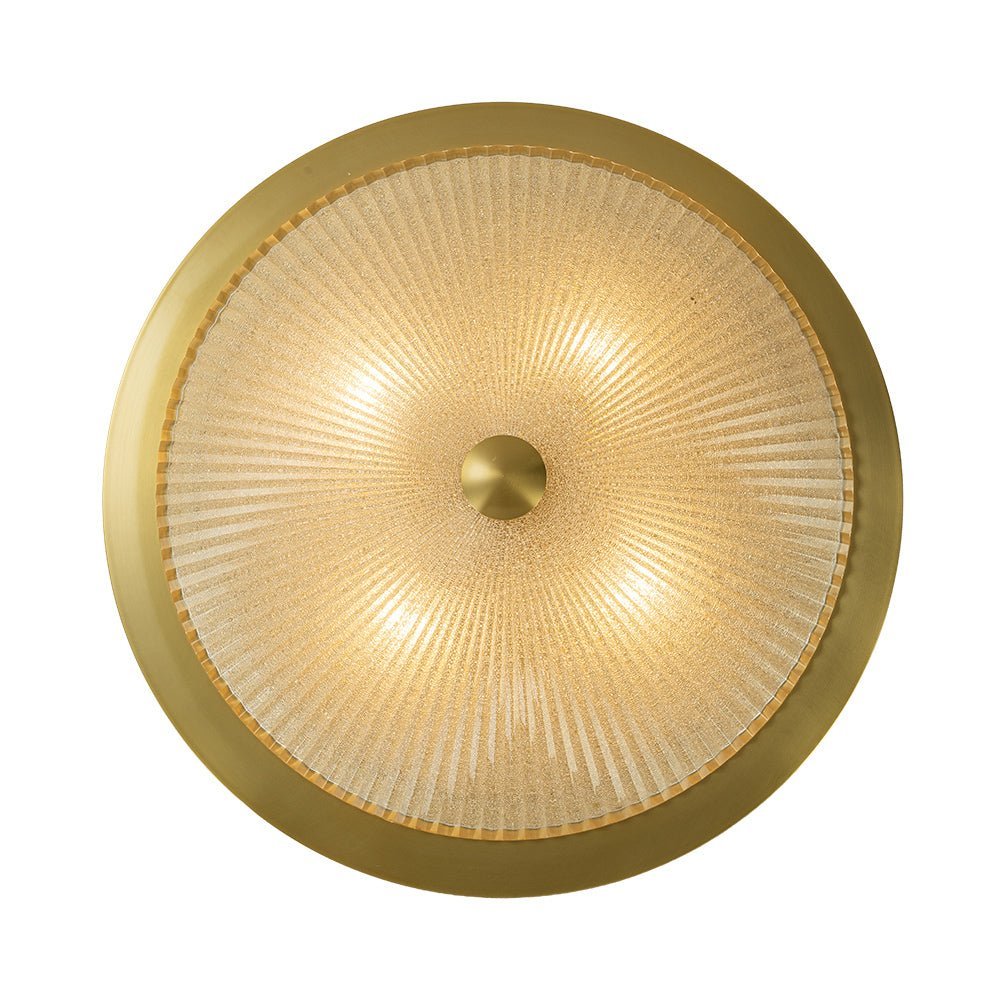 Mid-Century Brass Ribbed Textured Glass Flush Mount