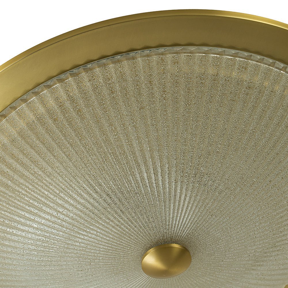 Mid-Century Brass Ribbed Textured Glass Flush Mount