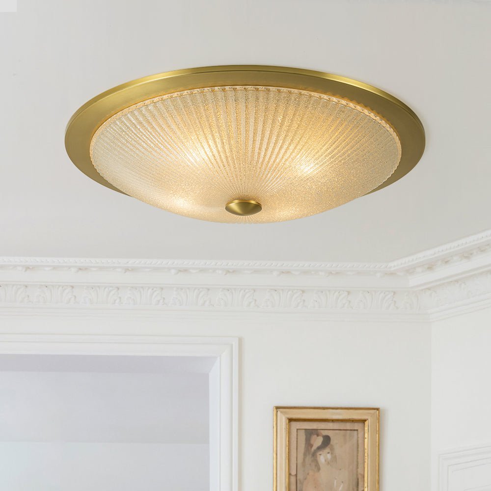 Mid-Century Brass Ribbed Textured Glass Flush Mount