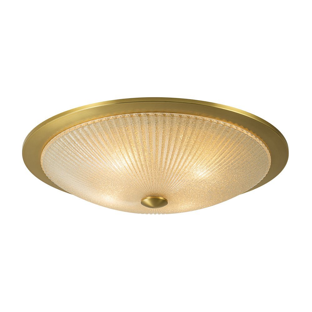 Mid-Century Brass Ribbed Textured Glass Flush Mount