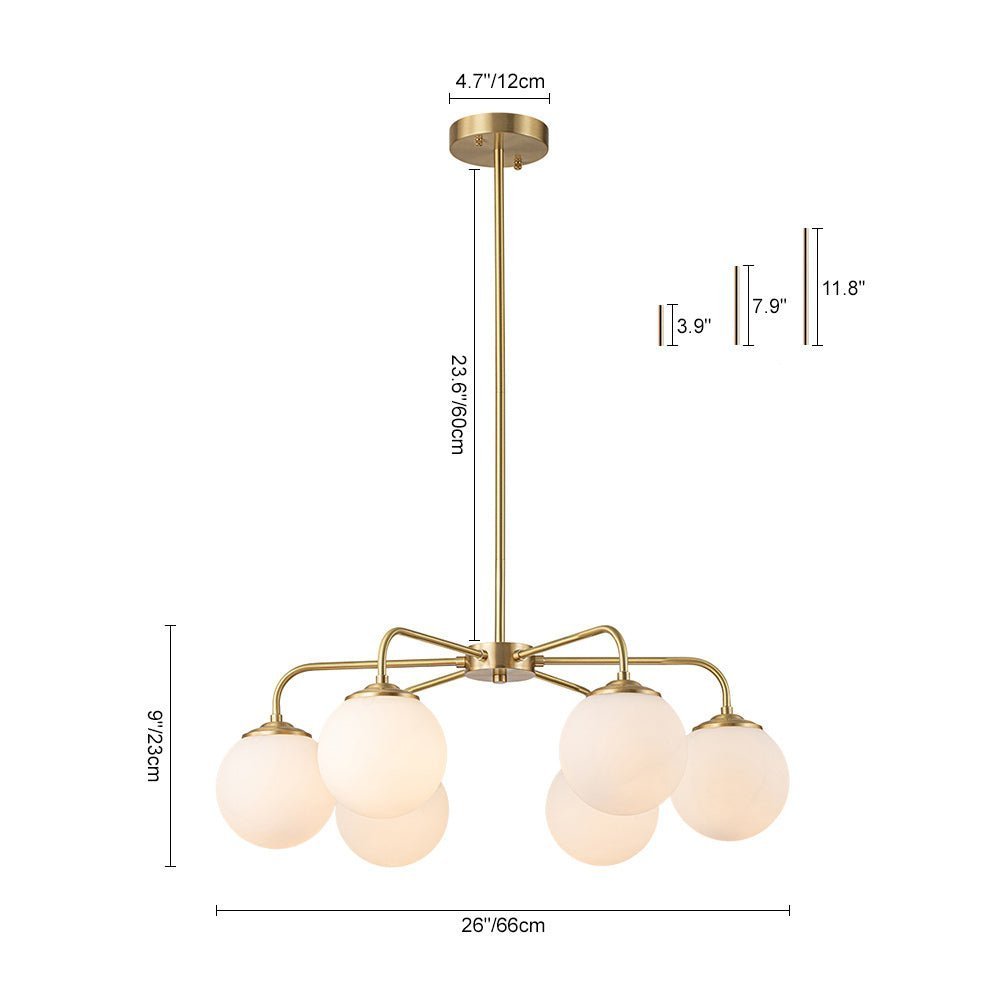 Brass 6-Light Milky White Globe Round Chandelier