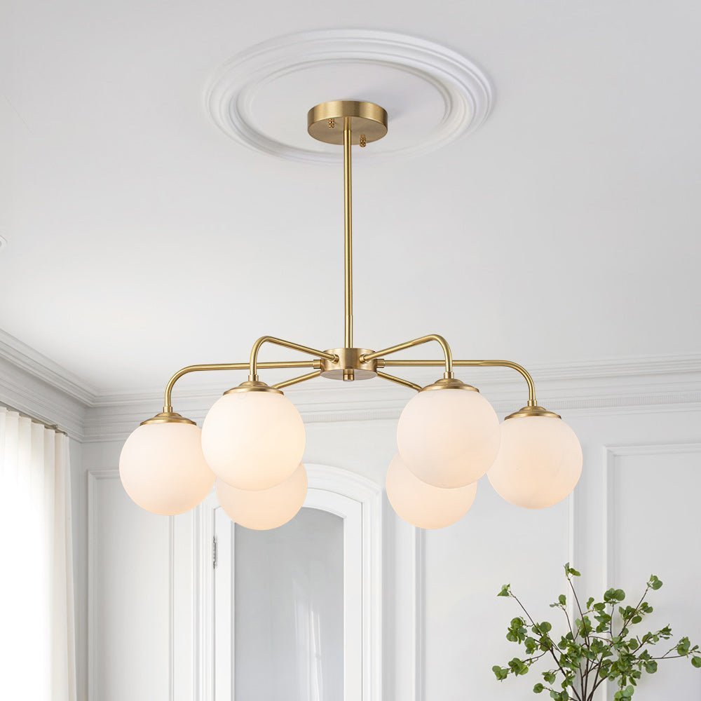 Brass 6-Light Milky White Globe Round Chandelier