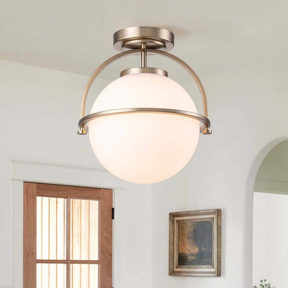 Wide Opal Glass Globe Brass 1-Light Ceiling Light